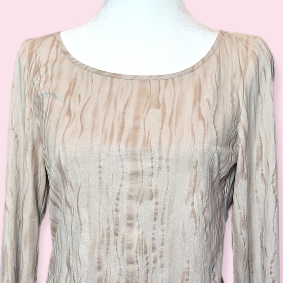 New Designer Y2K Neutral Tan Scoop Neck Long Sleeve Bodycon Mini Dress Sz Small - Picture 2 of 6